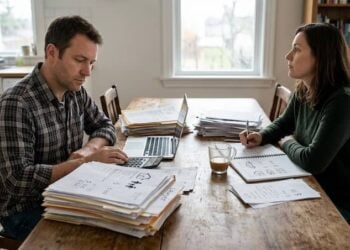 A serious couple reviews stacks of financial documents and a calculator at a table to determine how much divorce costs