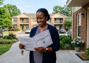 A smiling woman holds a signed Housing Choice Voucher Program (Section 8) approval document and new house keys in front of an apartment complex.