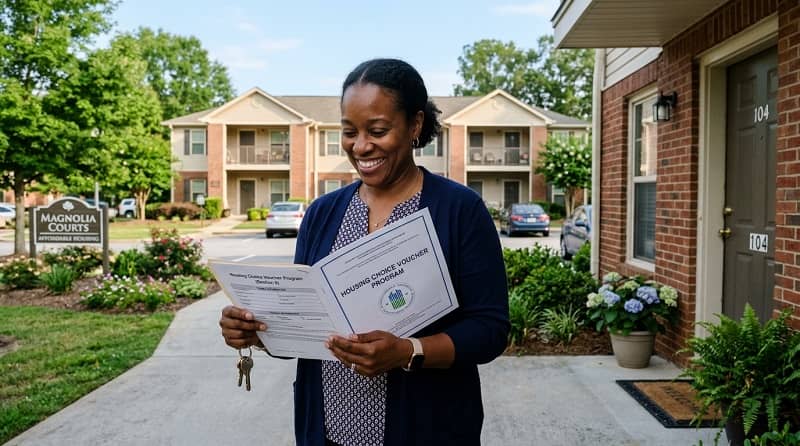A smiling woman holds a signed Housing Choice Voucher Program (Section 8) approval document and new house keys in front of an apartment complex.